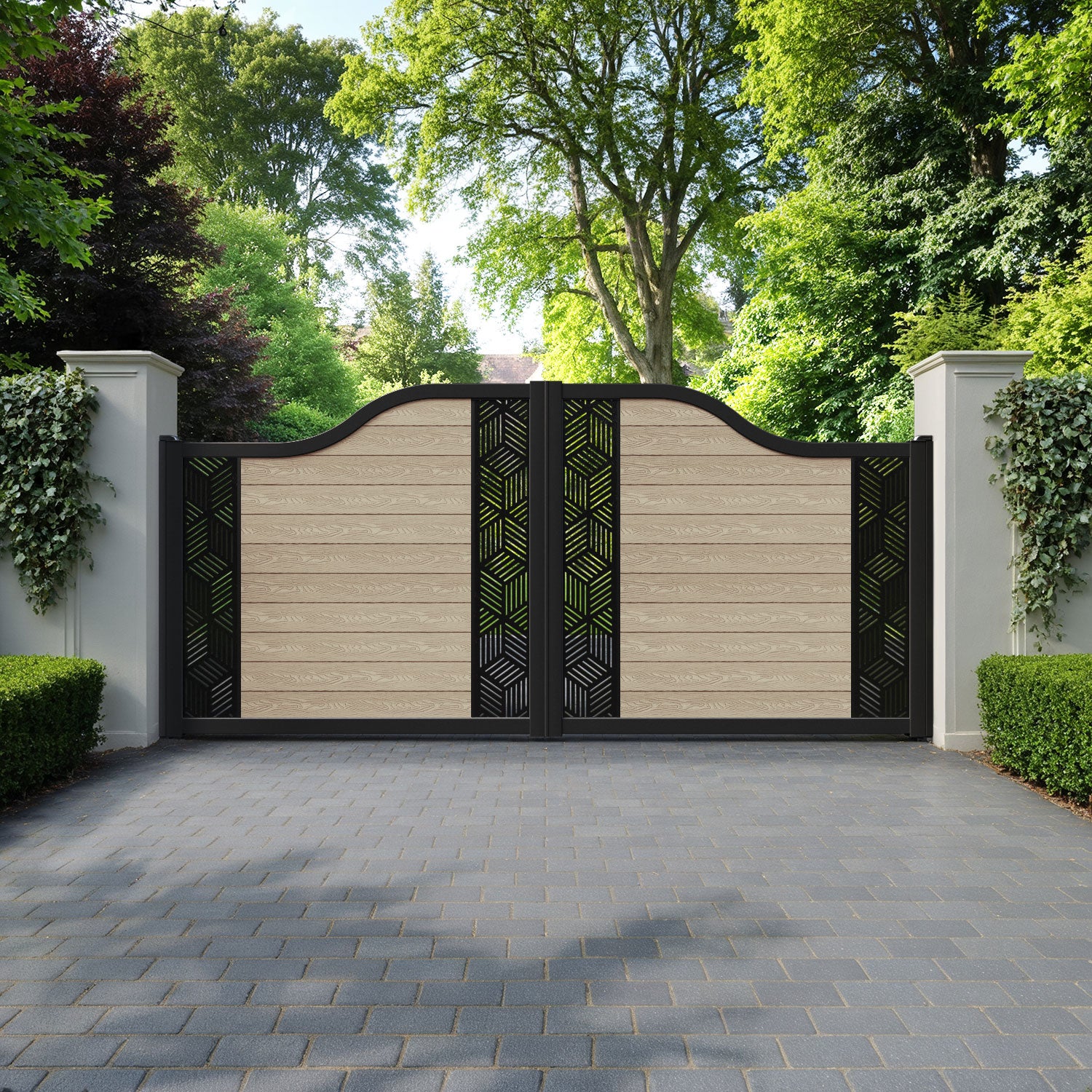 Classic Cubed Curved Top Driveway Gate - Light Oak - Middle & End Screen