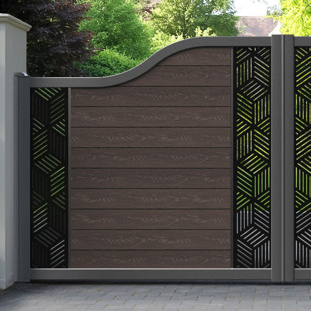 Classic Cubed Curved Top Driveway Gate - Mid Brown - Middle & End Screen