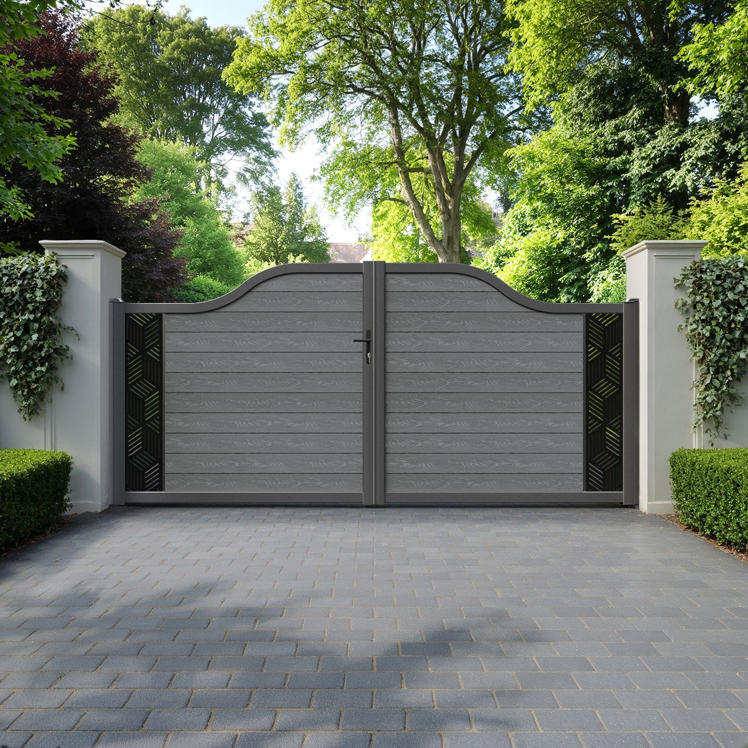 Classic Cubed Curved Top Driveway Gate - Mid Grey - End Screen