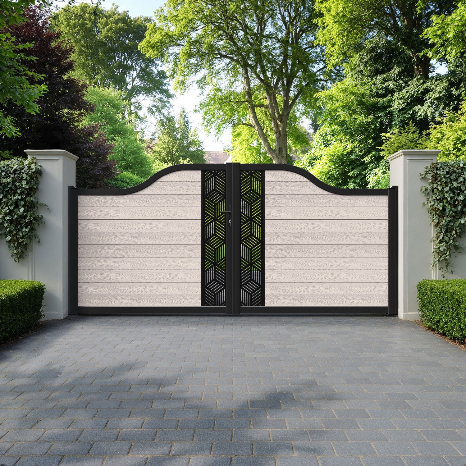 Classic Cubed Curved Top Driveway Gate - Mid Stone - Middle Screen