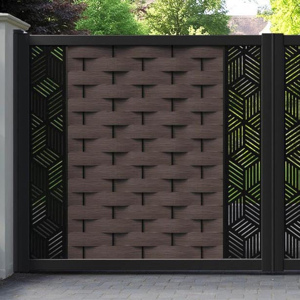 Ripple Cubed Straight Top Driveway Gate - Mid Brown - Middle & End Screen