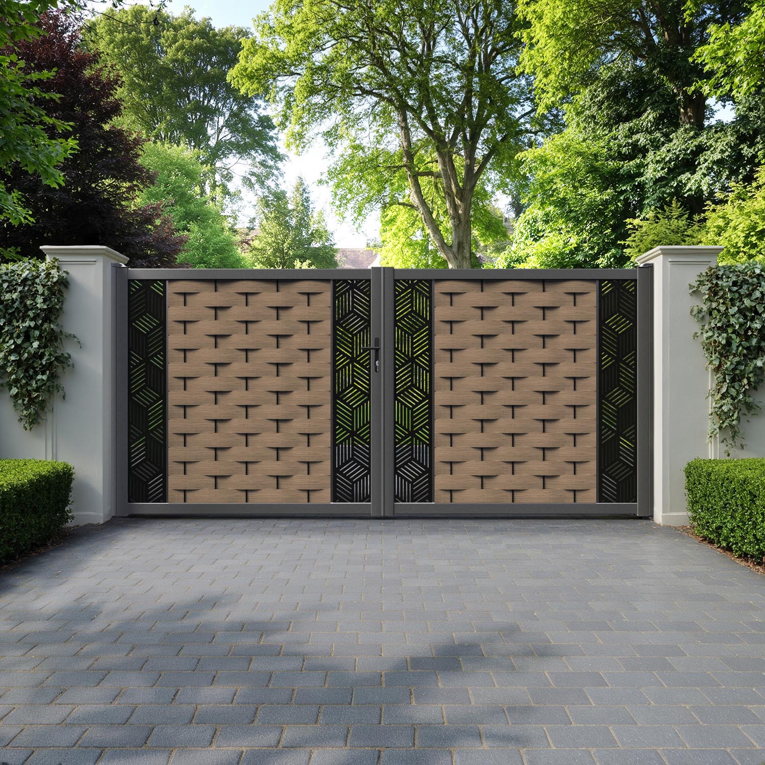 Ripple Cubed Straight Top Driveway Gate - Teak - Middle & End Screen