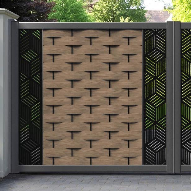 Ripple Cubed Straight Top Driveway Gate - Teak - Middle & End Screen