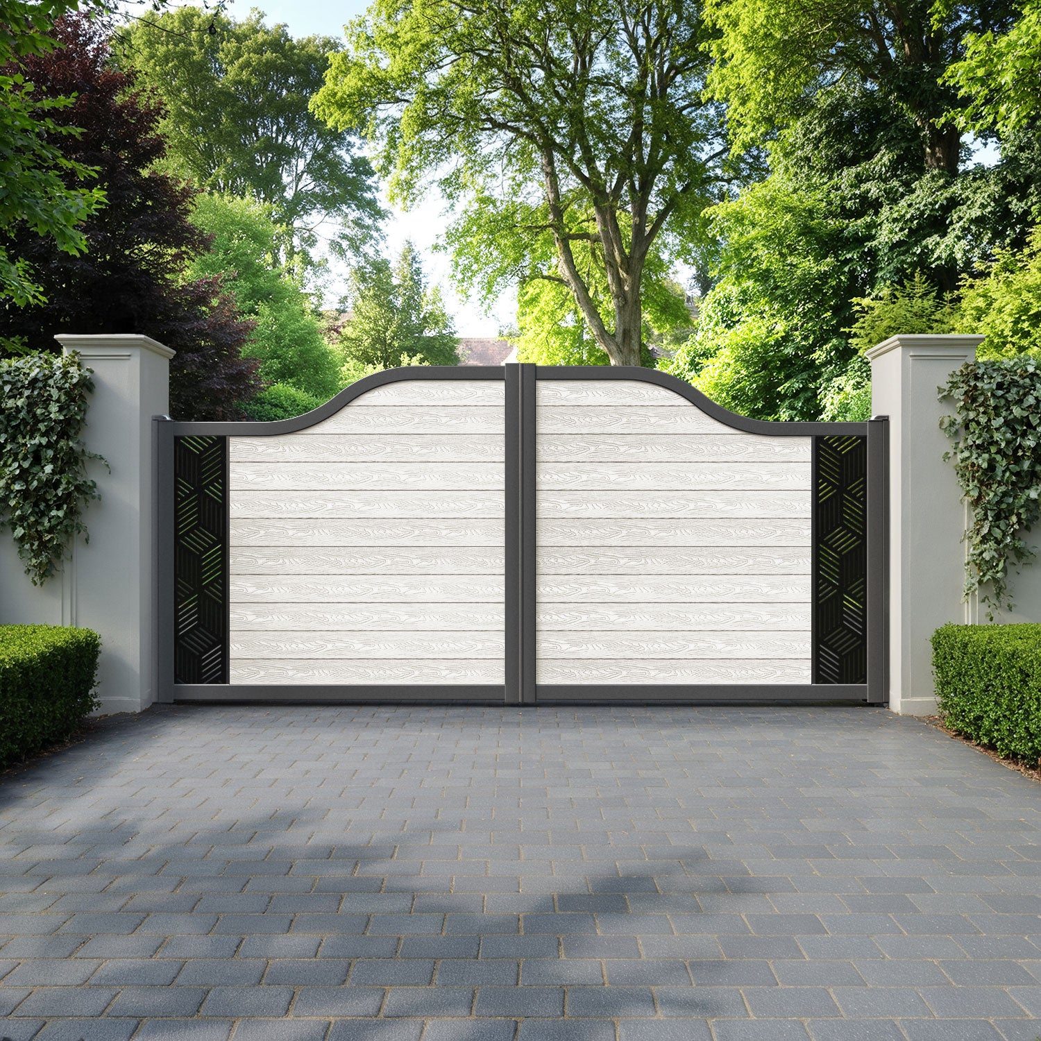 Classic Cubed Curved Top Driveway Gate - Light Stone - End Screen