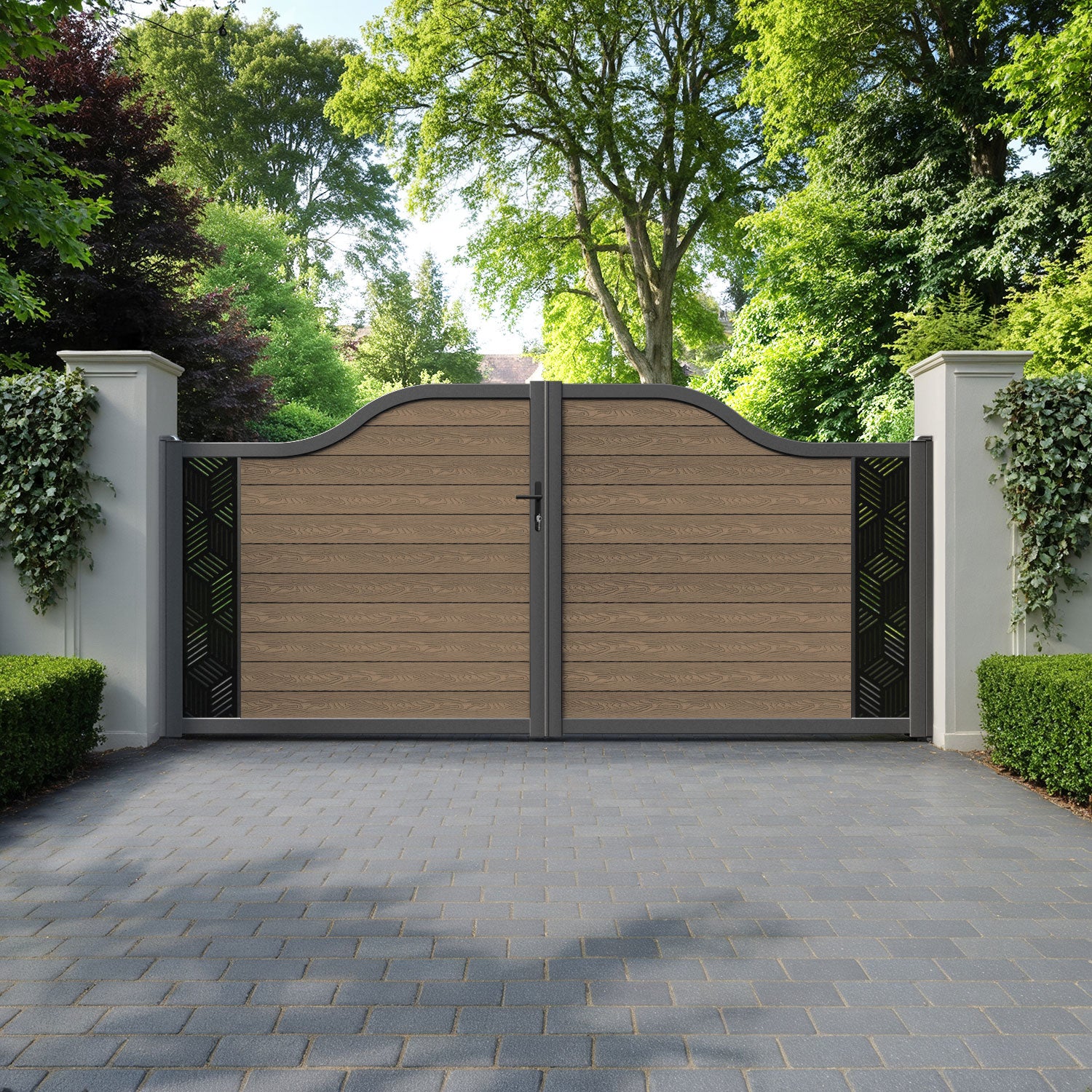 Classic Cubed Curved Top Driveway Gate - Teak - End Screen