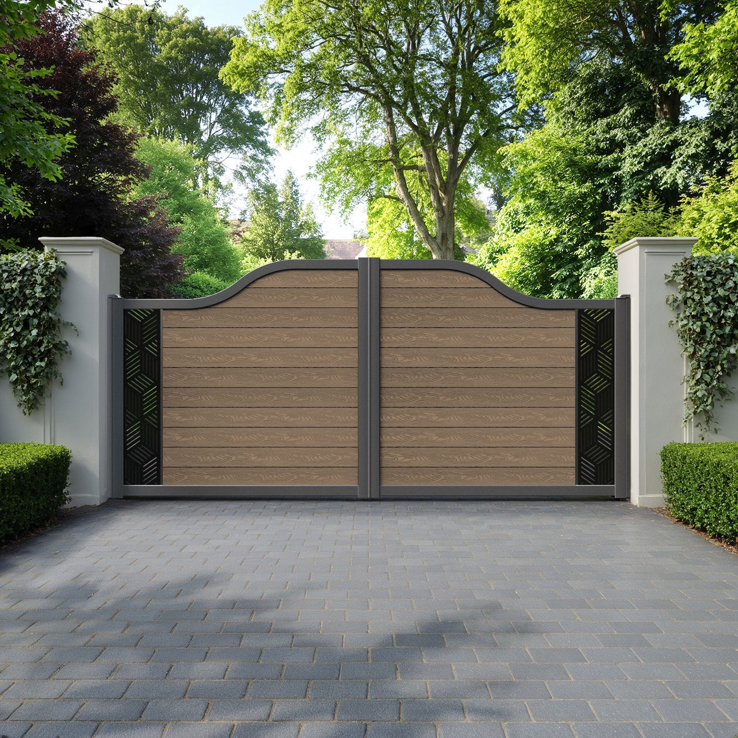 Classic Cubed Curved Top Driveway Gate - Teak - End Screen