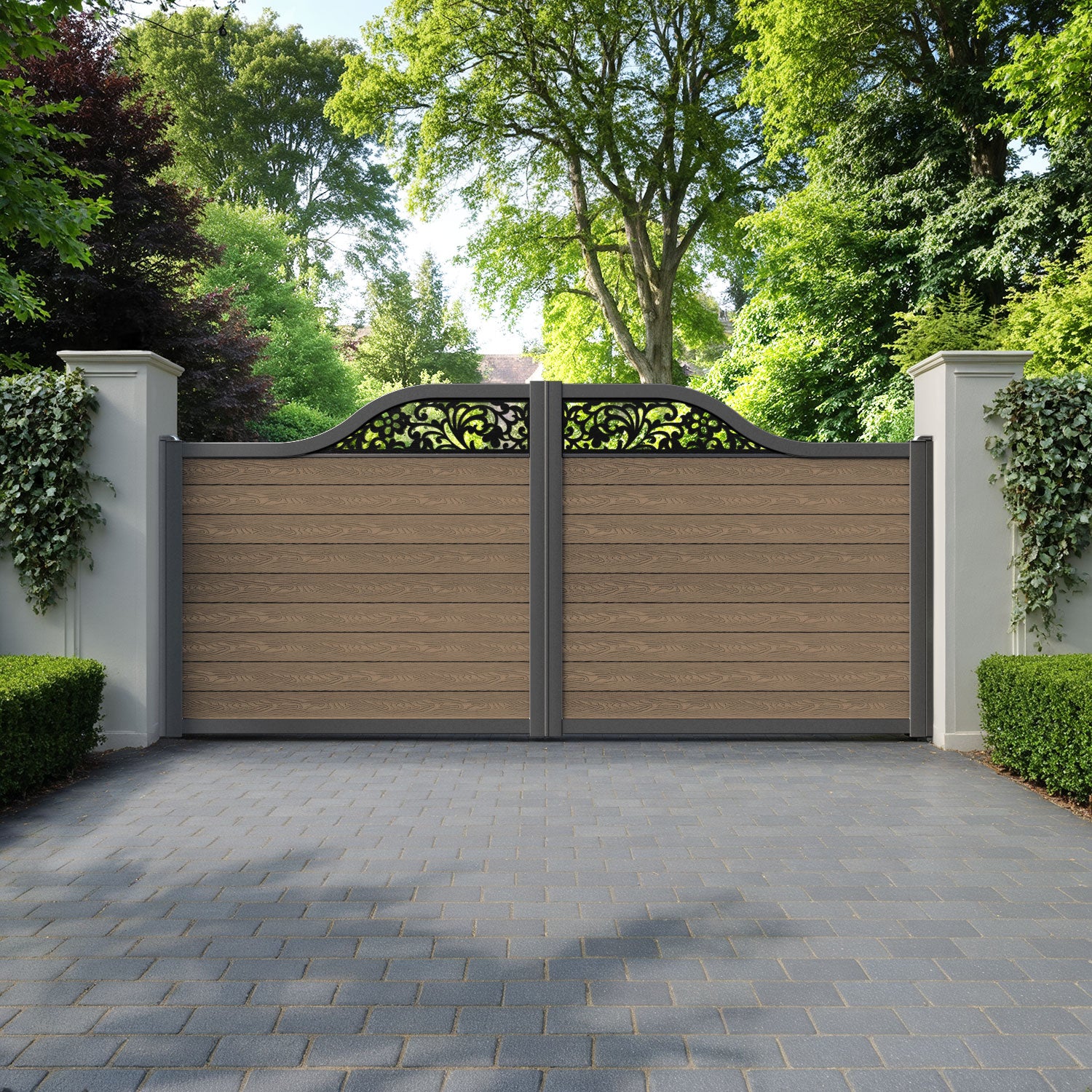 Classic Eden Curved Top Driveway Gate - Teak - Top Screen