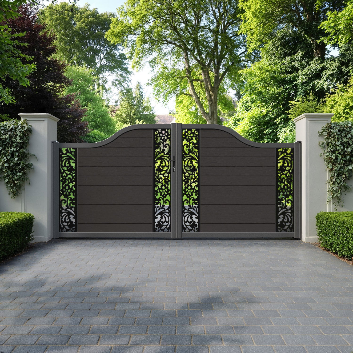 Fusion Eden Curved Top Driveway Gate - Dark Oak - Middle & End Screen