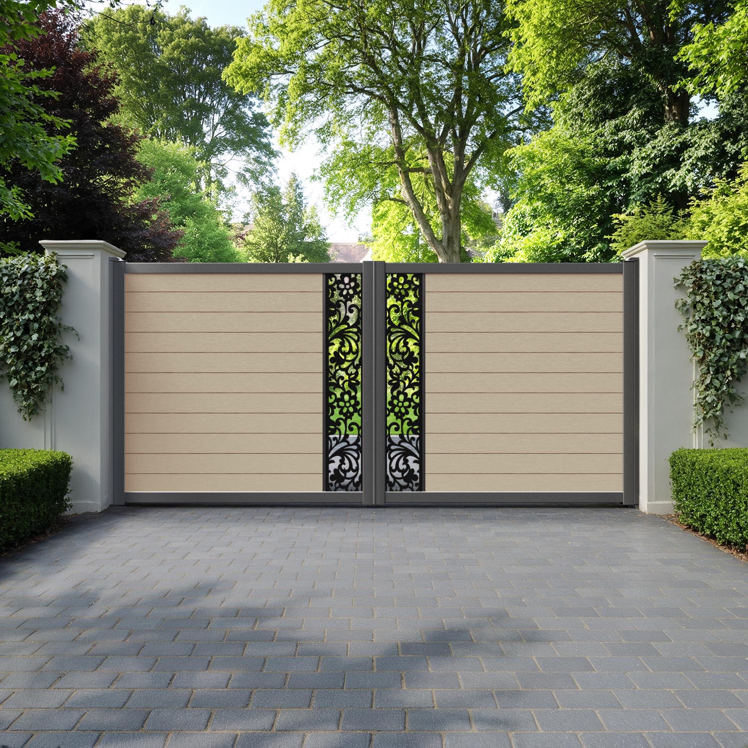 Fusion Eden Straight Top Driveway Gate - Light Oak - Middle Screen