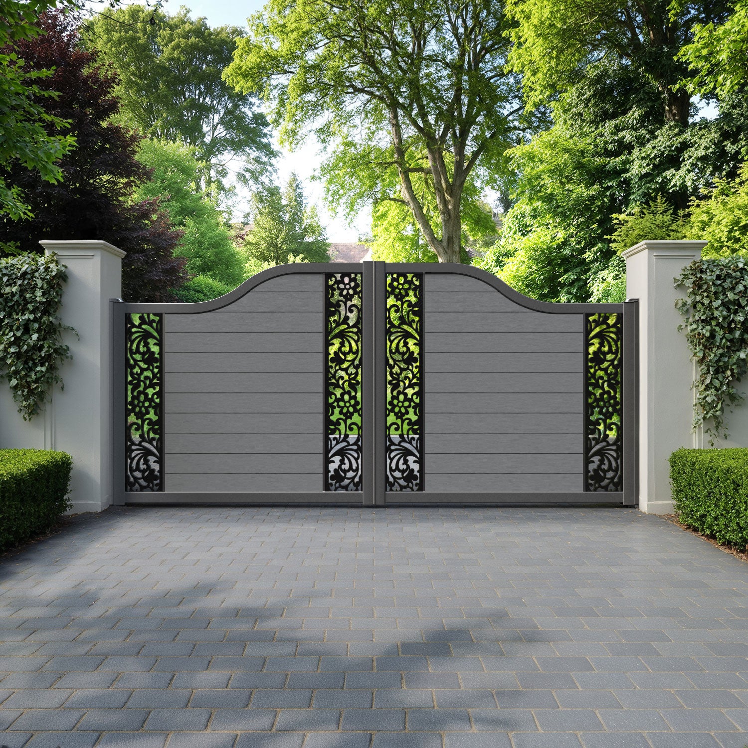 Fusion Eden Curved Top Driveway Gate - Mid Grey - Middle & End Screen