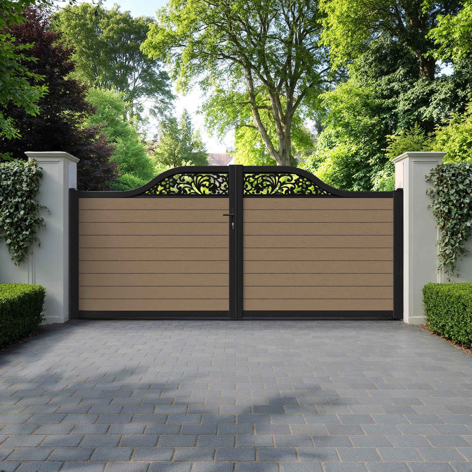 Fusion Eden Curved Top Driveway Gate - Teak - Top Screen