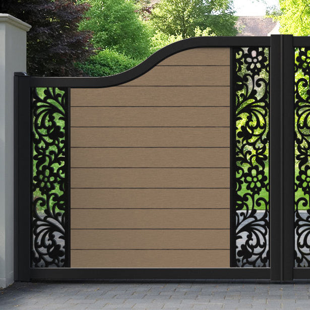 Fusion Eden Curved Top Driveway Gate - Teak - Middle & End Screen
