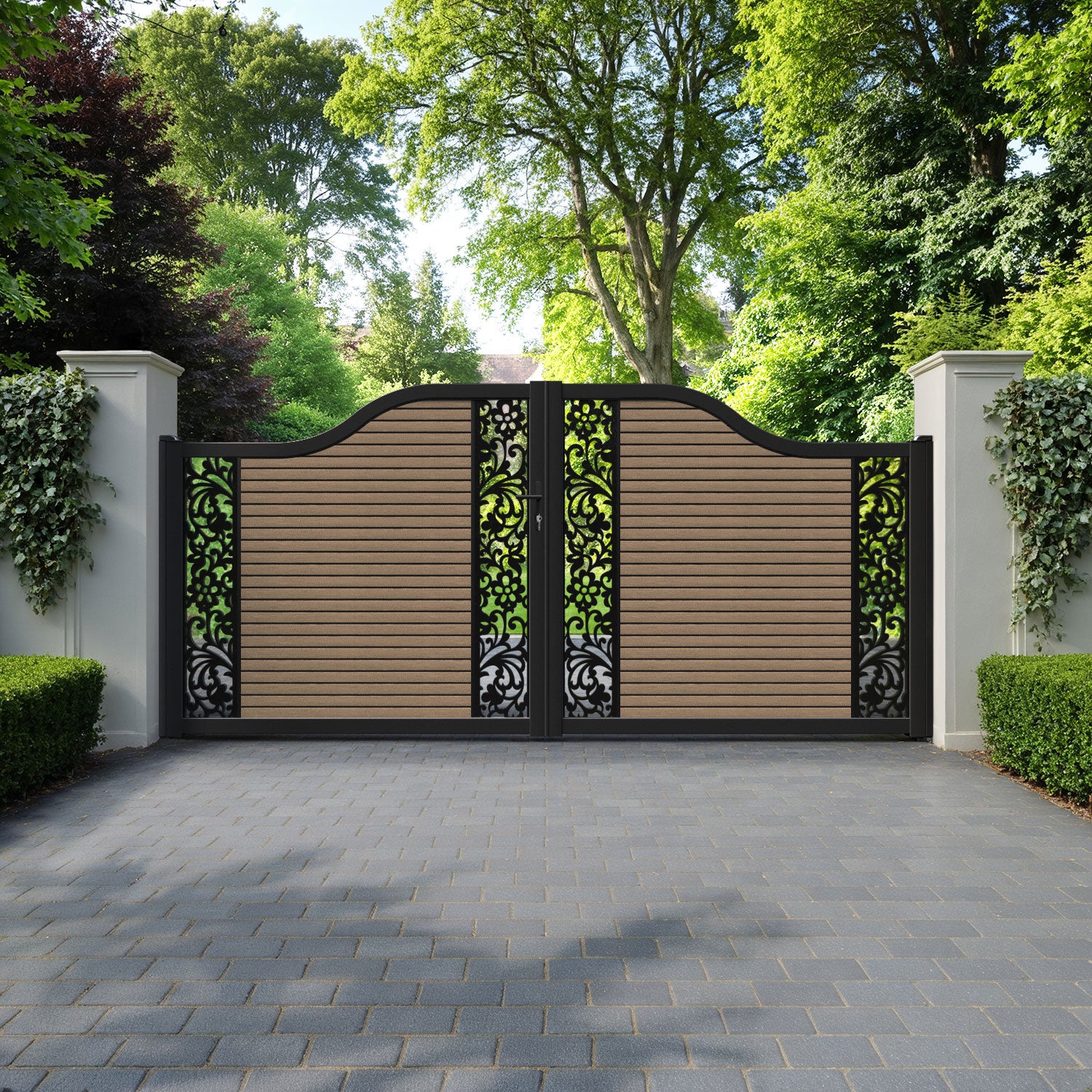 Hudson Eden Curved Top Driveway Gate - Teak - Middle & End Screen