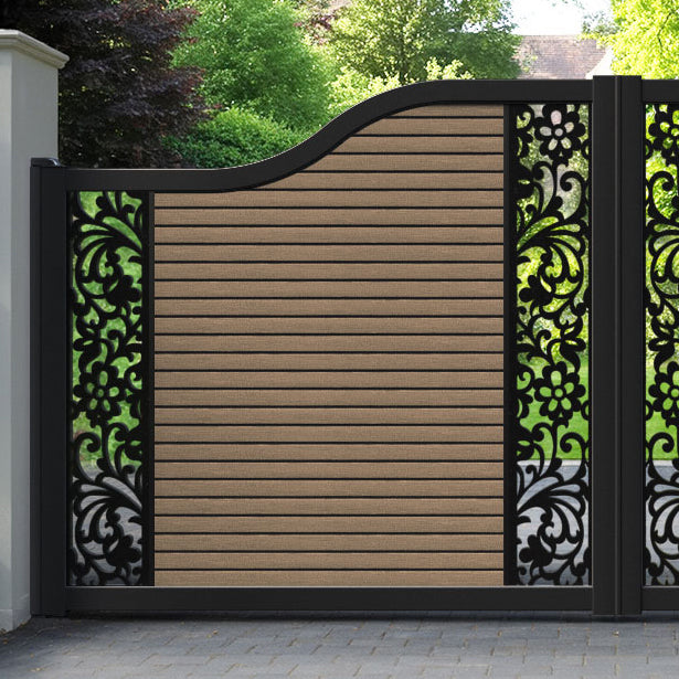 Hudson Eden Curved Top Driveway Gate - Teak - Middle & End Screen