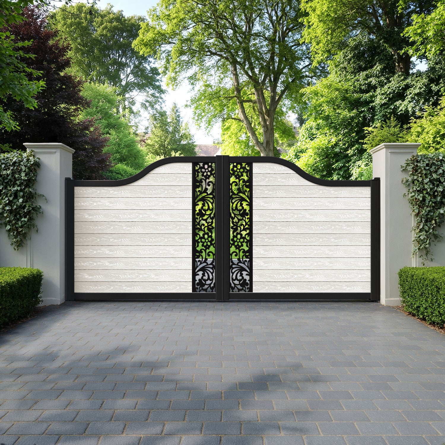 Classic Eden Curved Top Driveway Gate - Light Stone - Middle Screen
