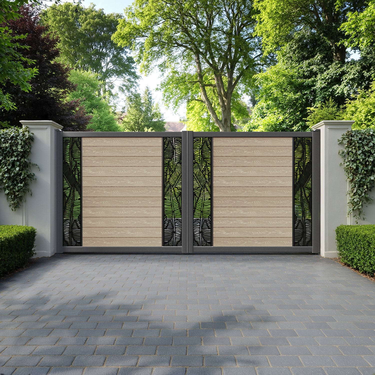 Classic Feather Straight Top Driveway Gate - Light Oak - Middle & End Screen