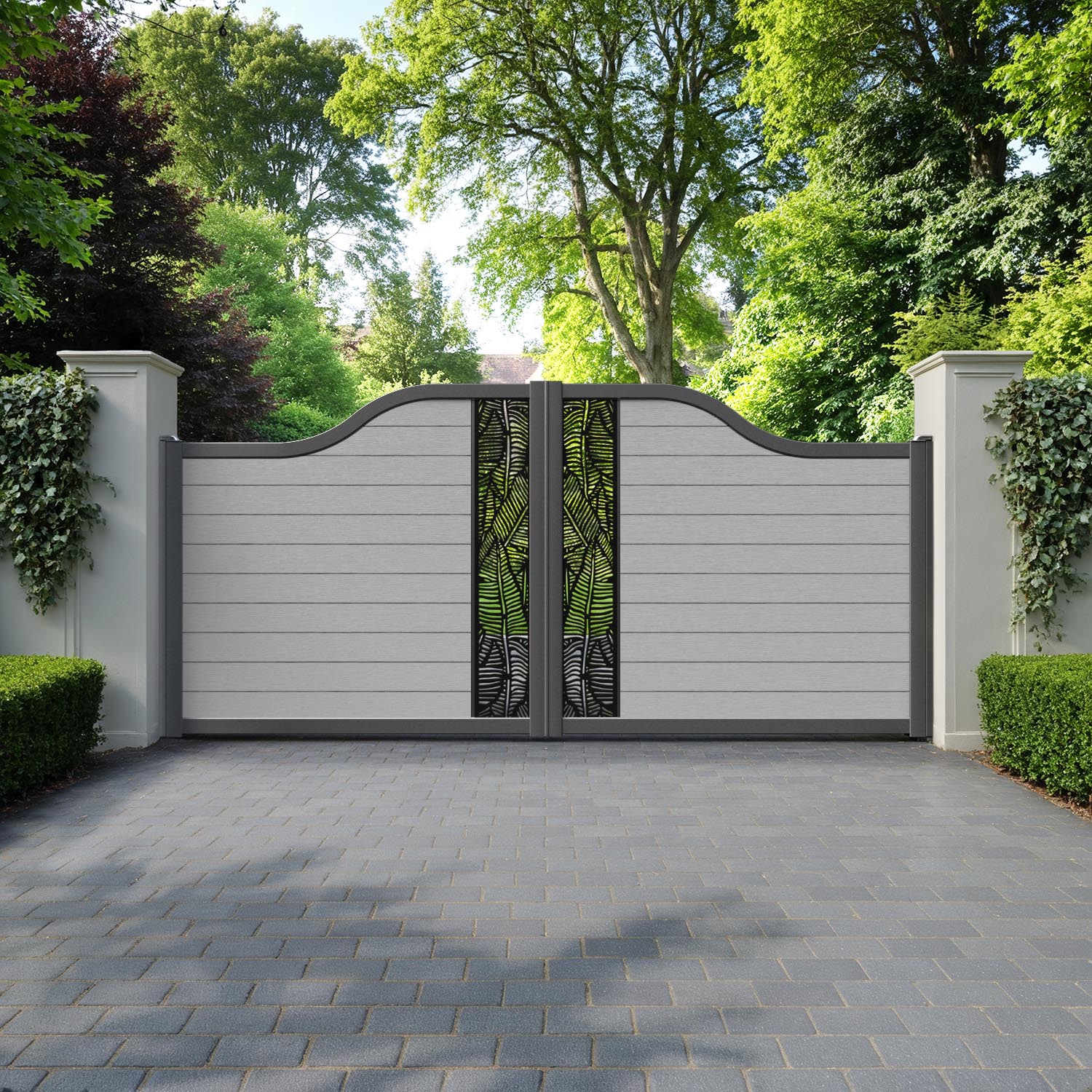 Fusion Feather Curved Top Driveway Gate - Light Grey - Middle Screen