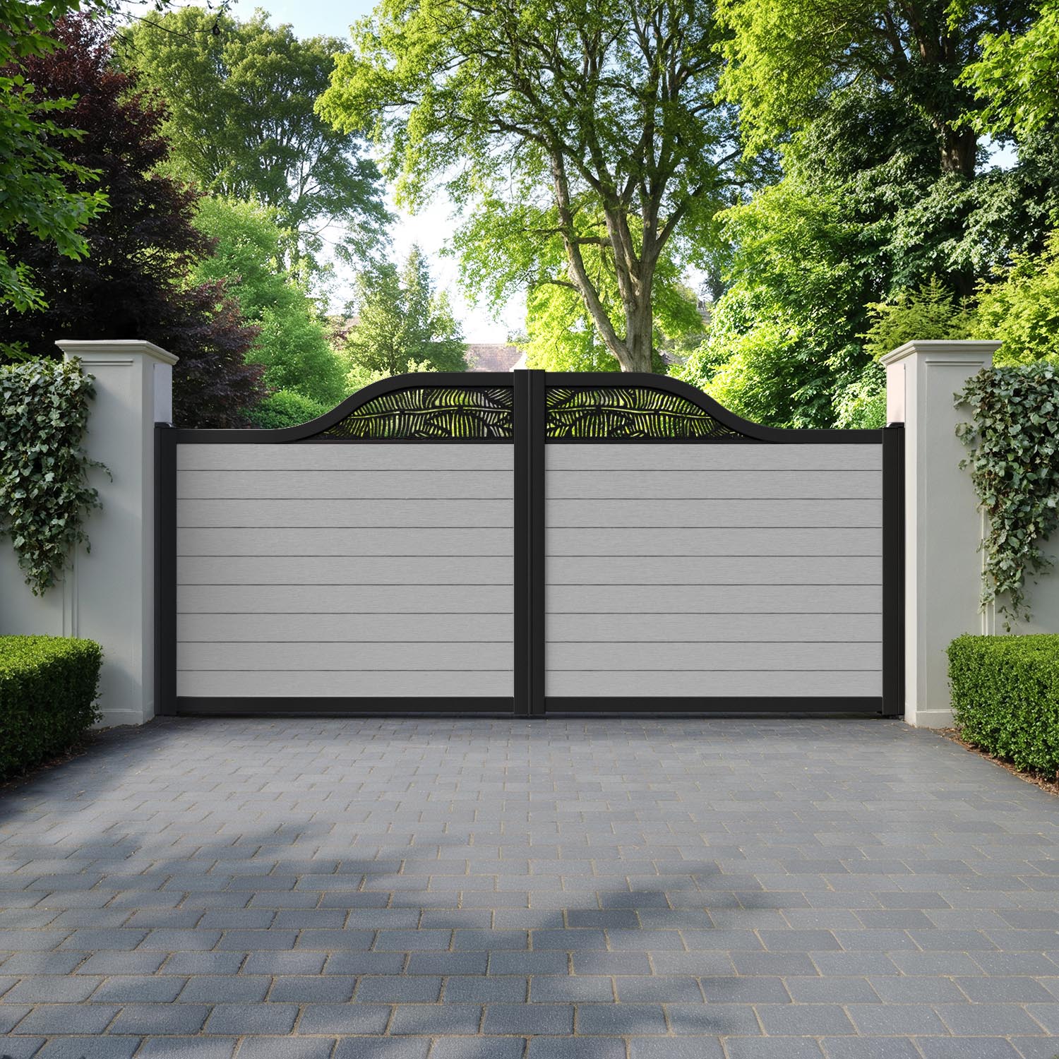Fusion Feather Curved Top Driveway Gate - Light Grey - Top Screen