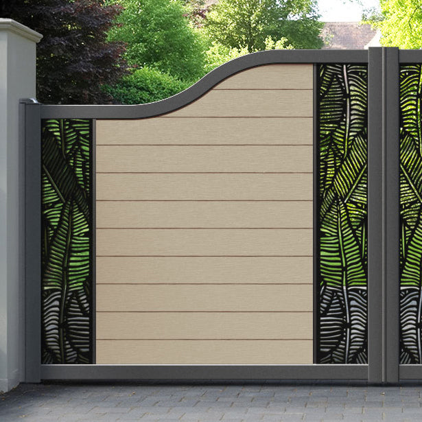 Fusion Feather Curved Top Driveway Gate - Light Oak - Middle & End Screen