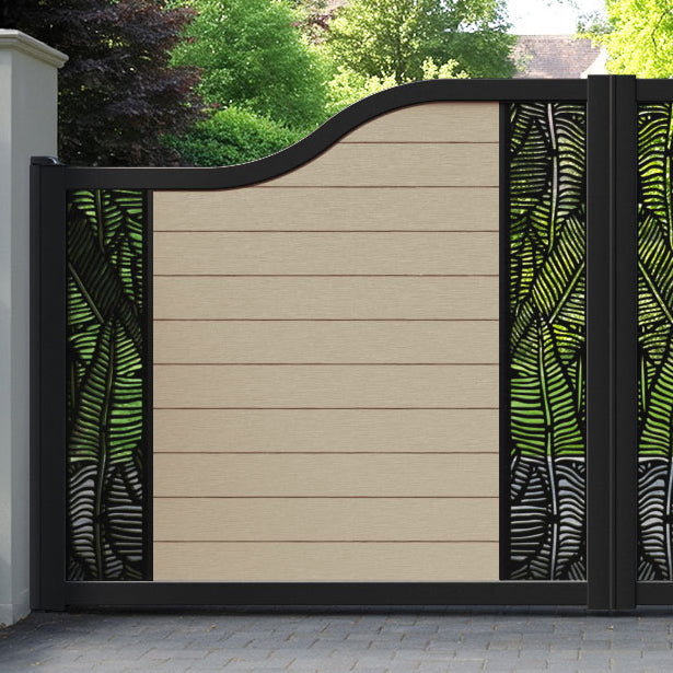Fusion Feather Curved Top Driveway Gate - Light Oak - Middle & End Screen