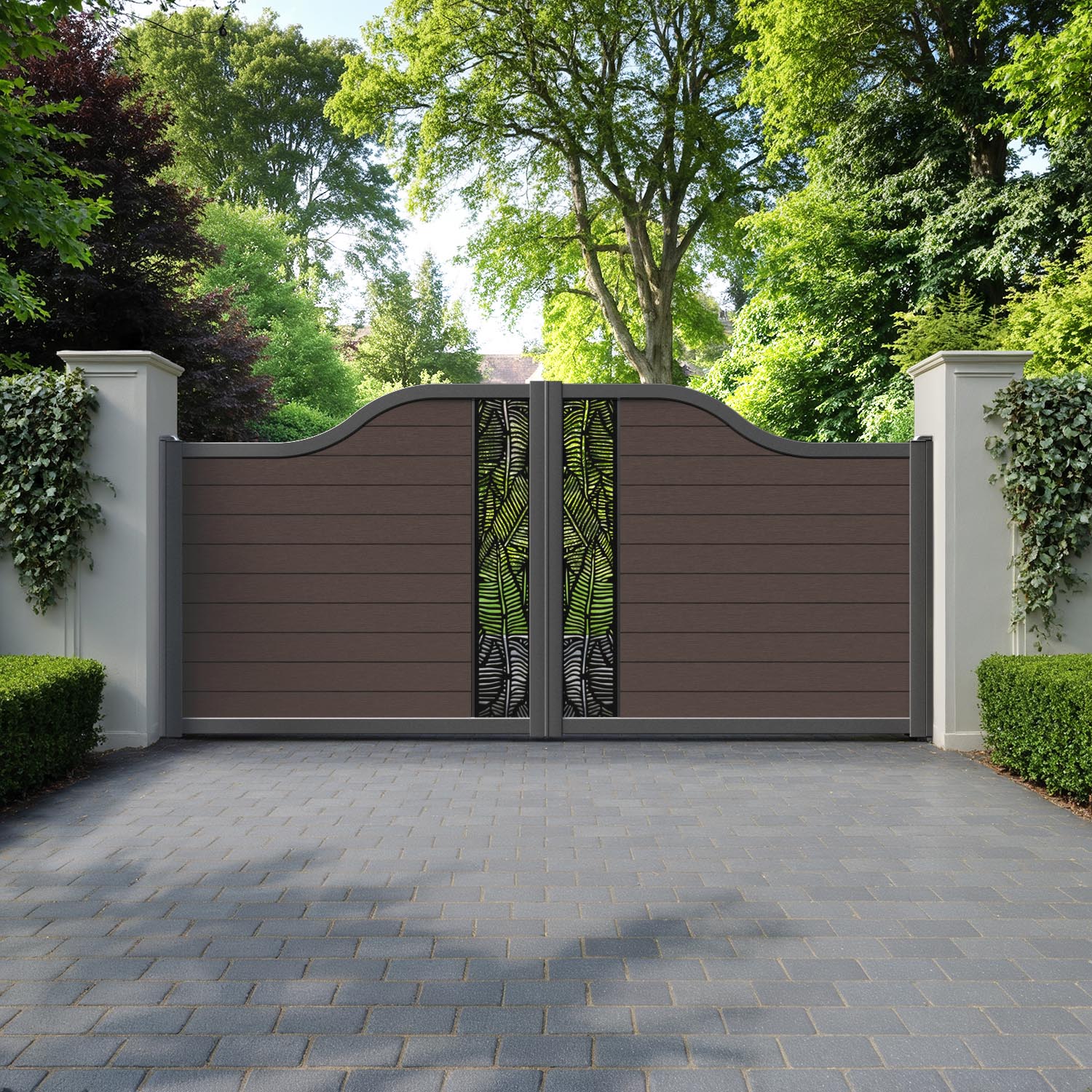 Fusion Feather Curved Top Driveway Gate - Mid Brown - Middle Screen