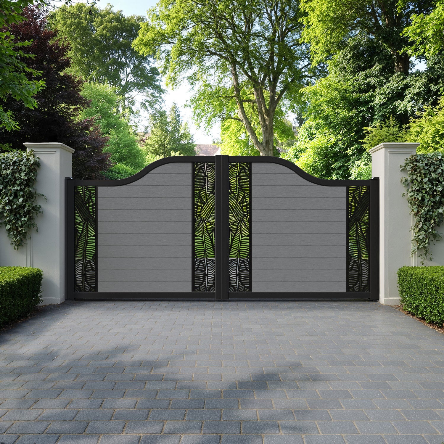 Fusion Feather Curved Top Driveway Gate - Mid Grey - Middle & End Screen