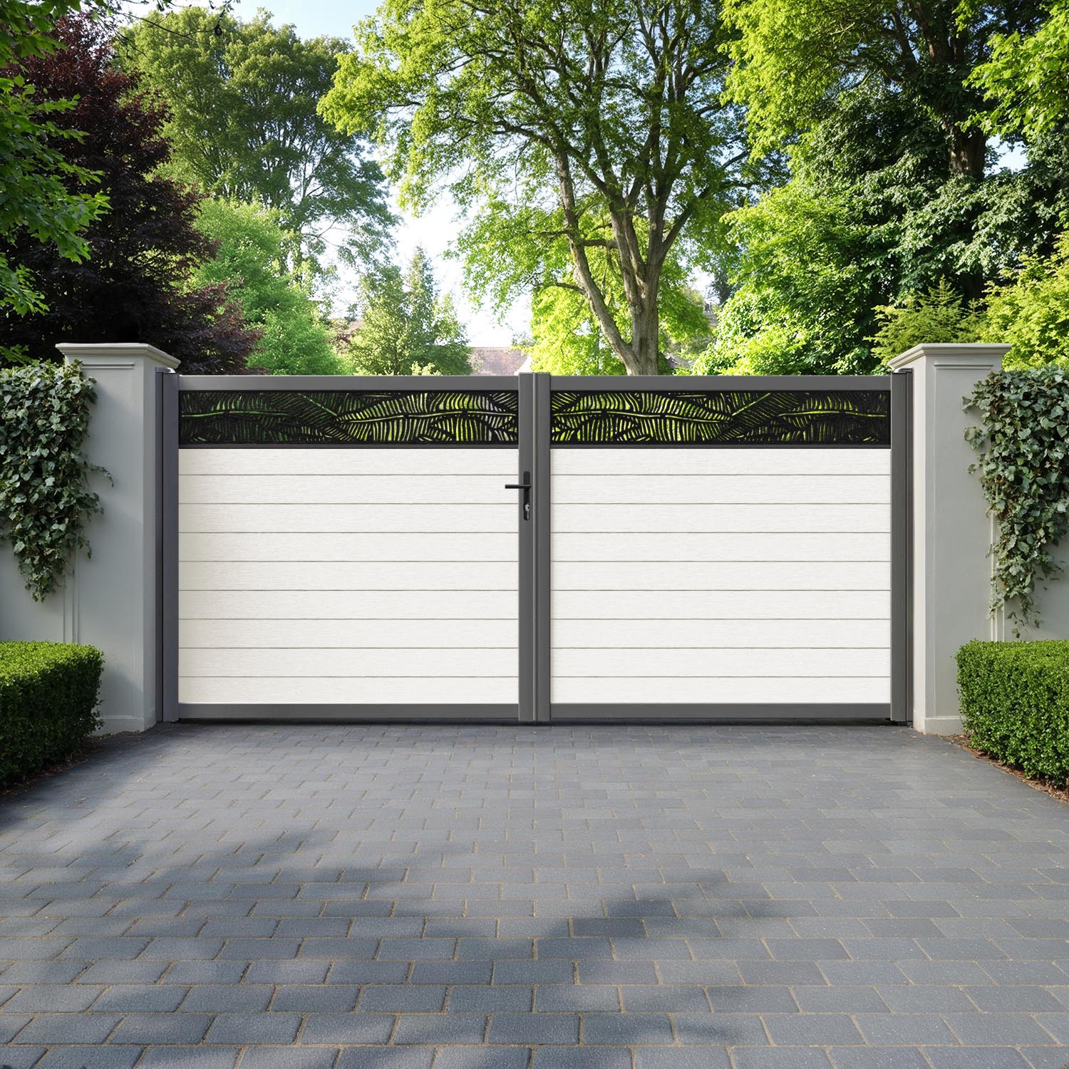 Fusion Feather Straight Top Driveway Gate - Light Stone - Top Screen