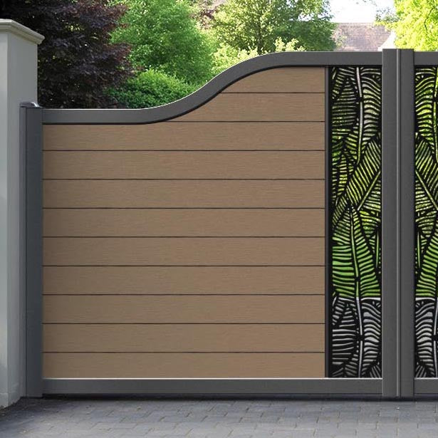 Fusion Feather Curved Top Driveway Gate - Teak - Middle Screen