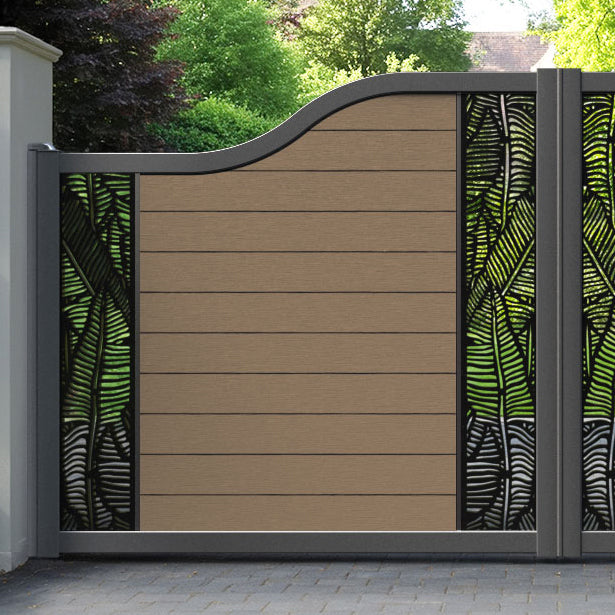 Fusion Feather Curved Top Driveway Gate - Teak - Middle & End Screen