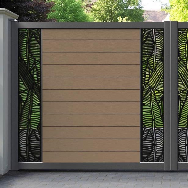 Fusion Feather Straight Top Driveway Gate - Teak - Middle & End Screen