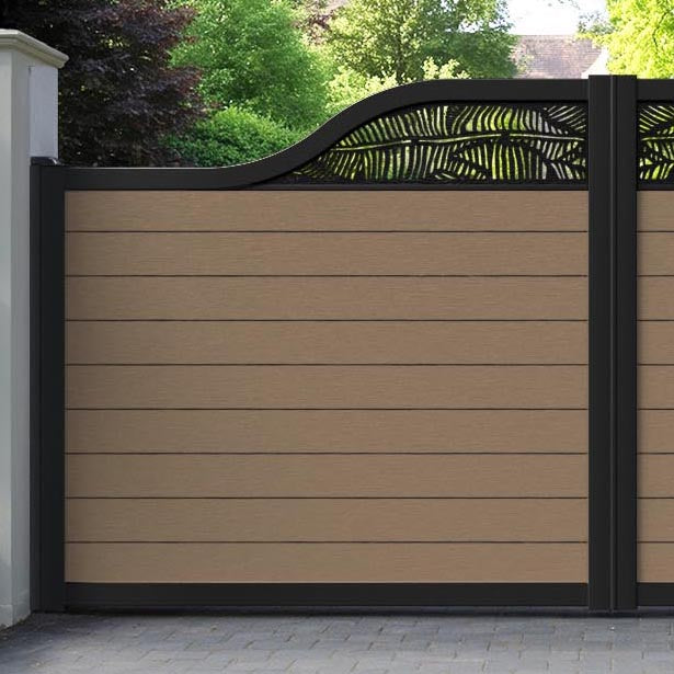 Fusion Feather Curved Top Driveway Gate - Teak - Top Screen