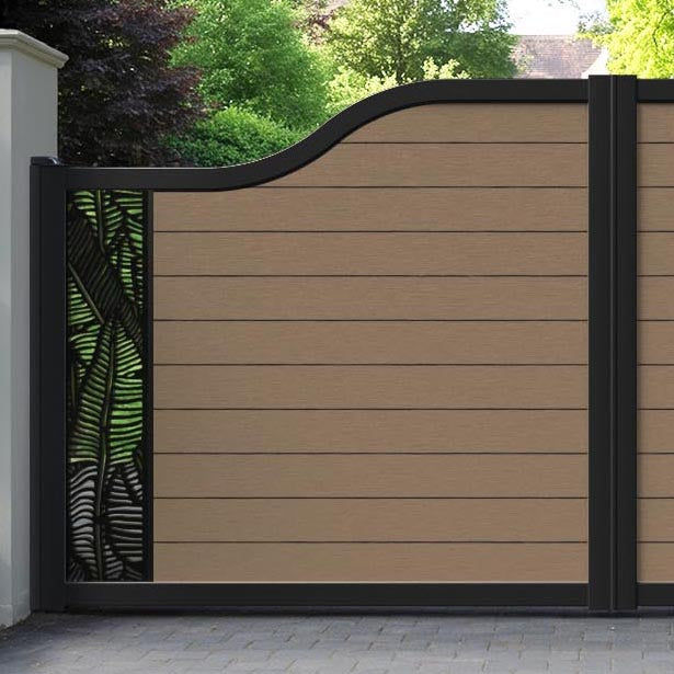 Fusion Feather Curved Top Driveway Gate - Teak - End Screen