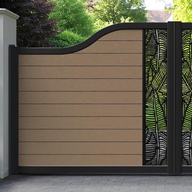 Fusion Feather Curved Top Driveway Gate - Teak - Middle Screen