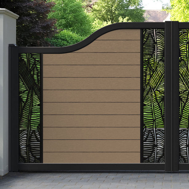 Fusion Feather Curved Top Driveway Gate - Teak - Middle & End Screen