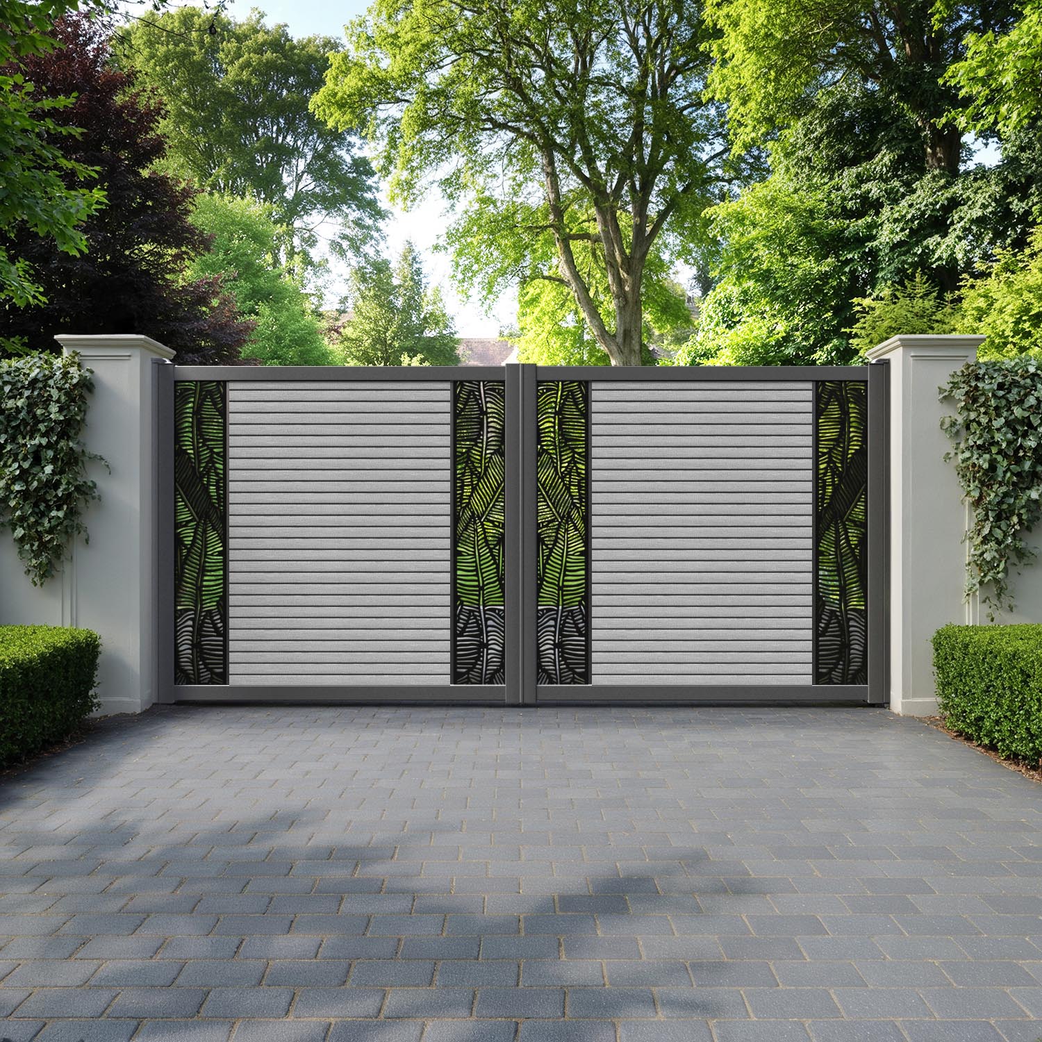 Hudson Feather Straight Top Driveway Gate - Light Grey - Middle & End Screen