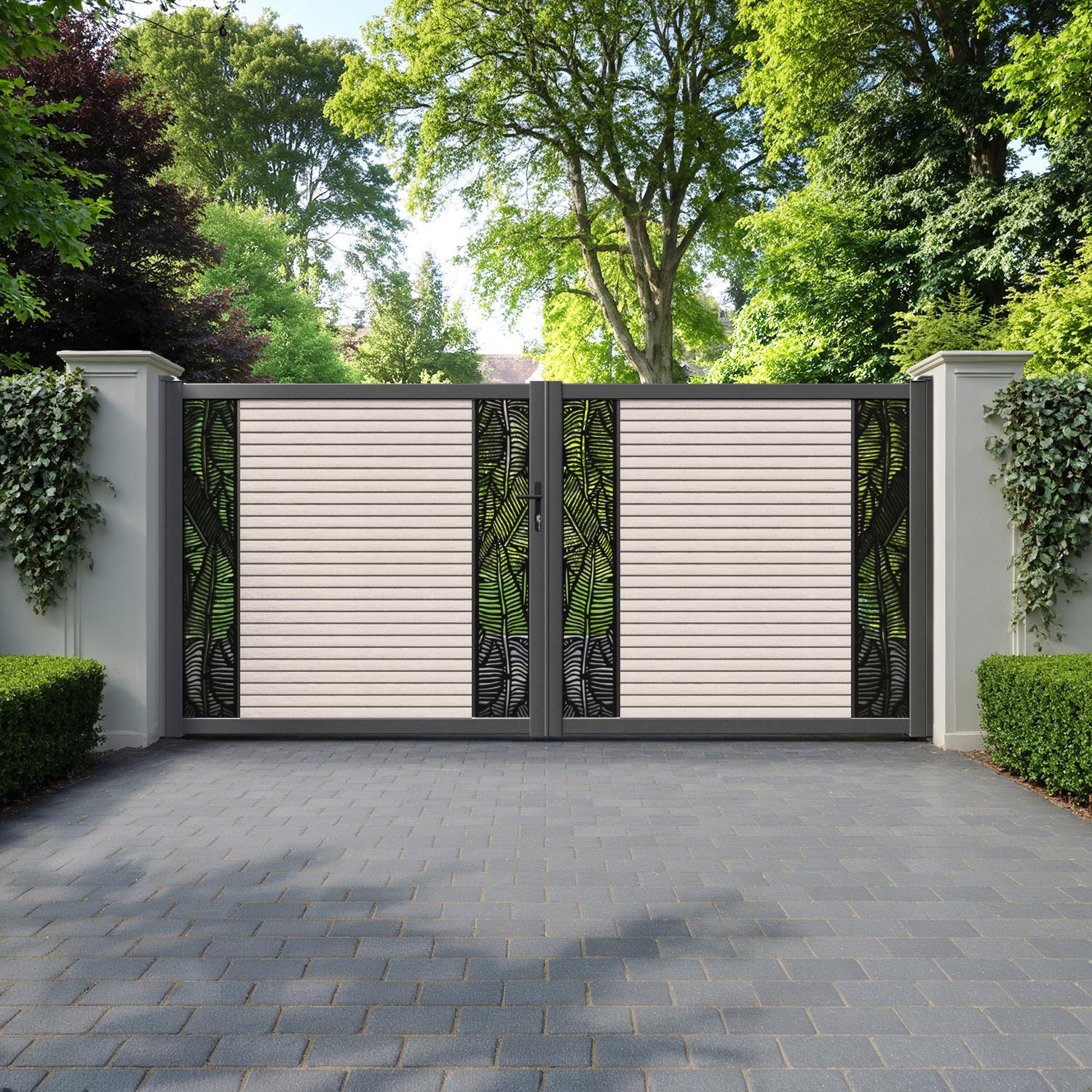 Hudson Feather Straight Top Driveway Gate - Mid Stone - Middle & End Screen