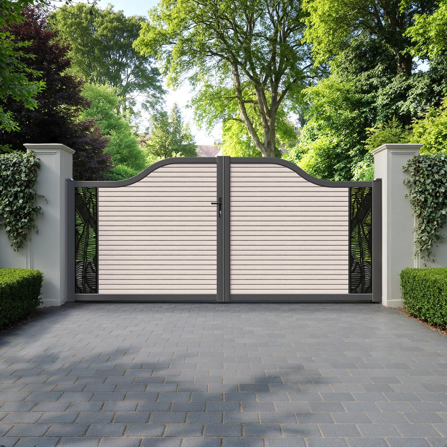 Hudson Feather Curved Top Driveway Gate - Mid Stone - End Screen