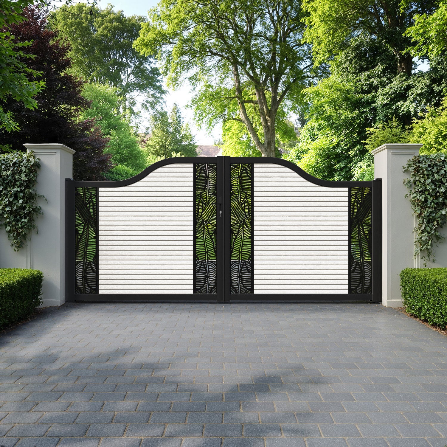 Hudson Feather Curved Top Driveway Gate - Light Stone - Middle & End Screen