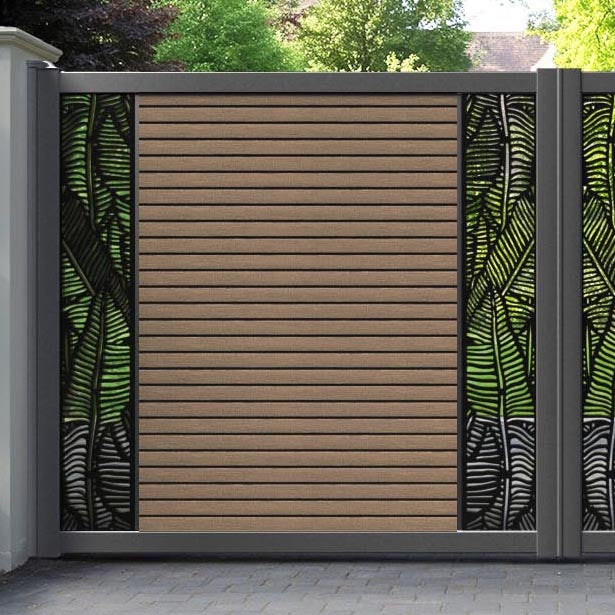 Hudson Feather Straight Top Driveway Gate - Teak - Middle & End Screen