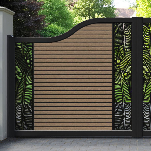 Hudson Feather Curved Top Driveway Gate - Teak - Middle & End Screen