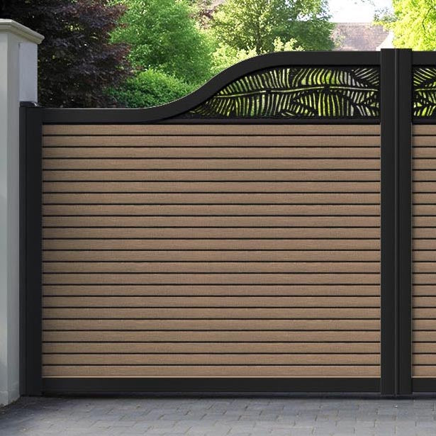 Hudson Feather Curved Top Driveway Gate - Teak - Top Screen