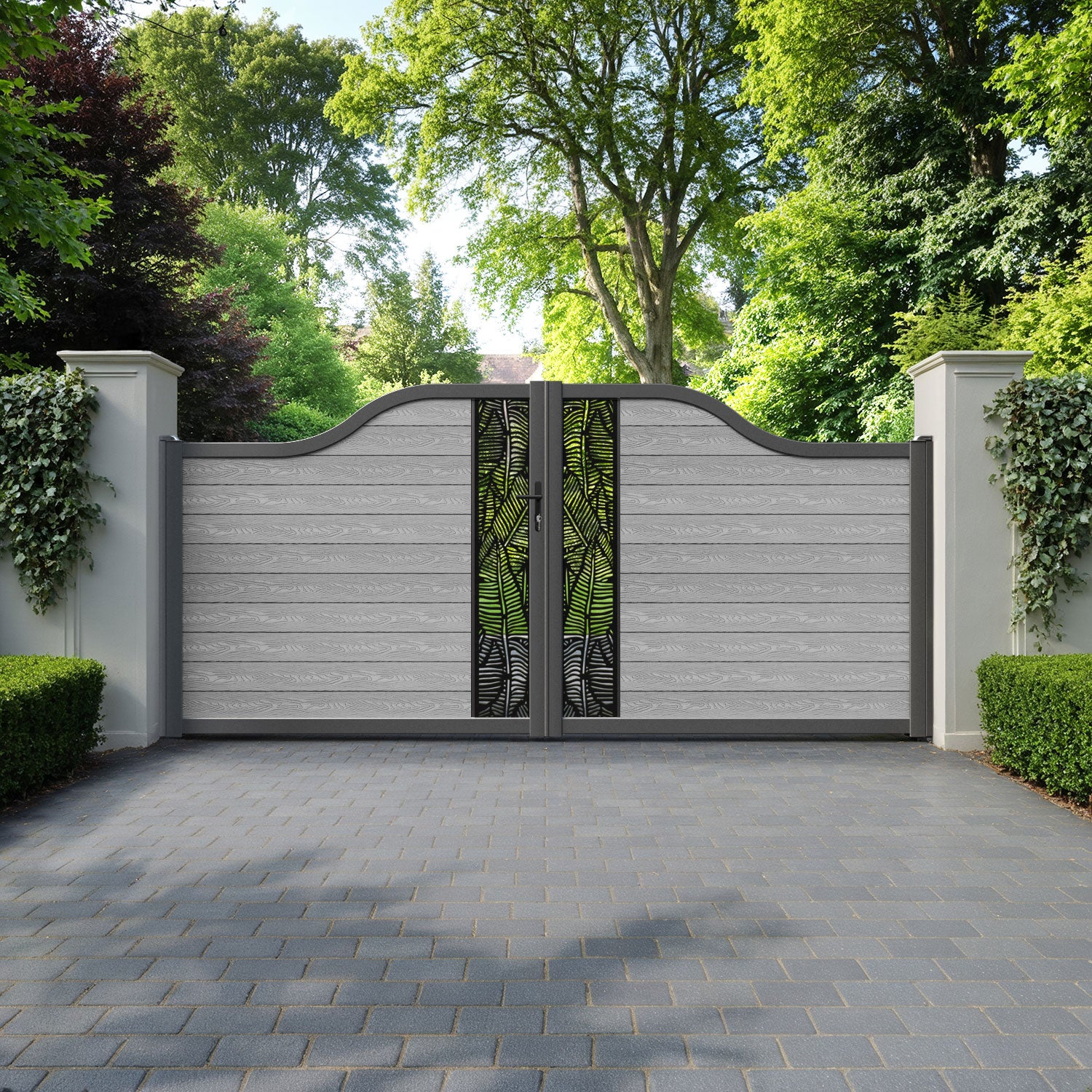 Classic Feather Curved Top Driveway Gate - Light Grey - Middle Screen
