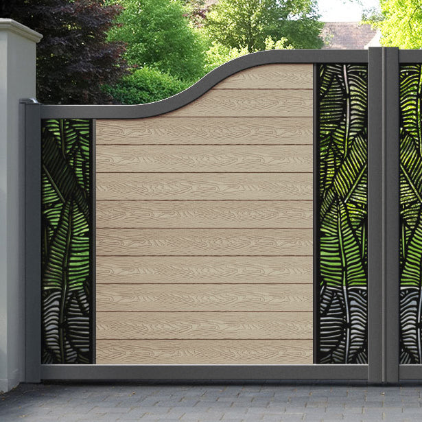 Classic Feather Curved Top Driveway Gate - Light Oak - Middle & End Screen