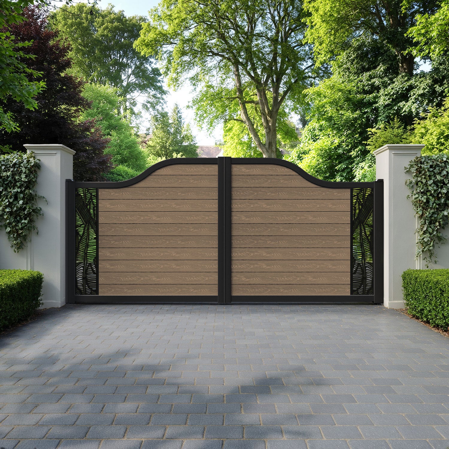 Classic Feather Curved Top Driveway Gate - Teak -  End Screen