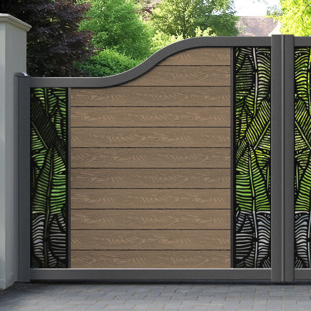 Classic Feather Curved Top Driveway Gate - Teak -  Middle & End Screen