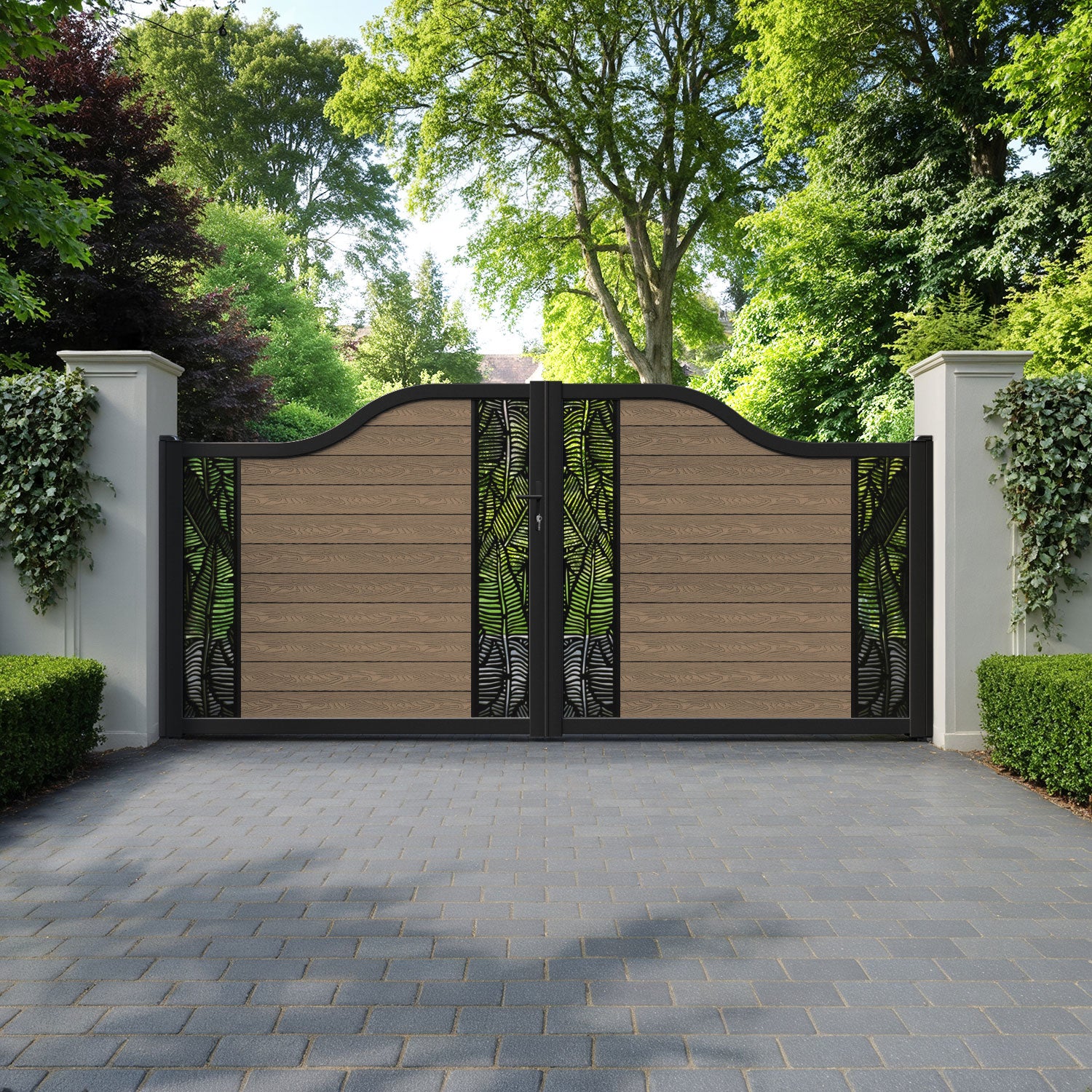 Classic Feather Curved Top Driveway Gate - Teak -  Middle & End Screen