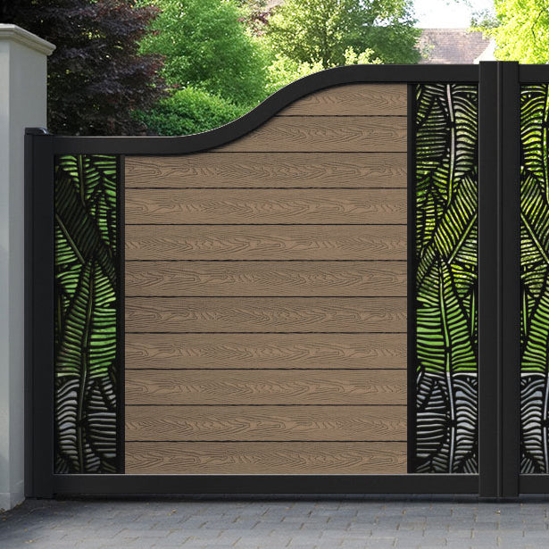 Classic Feather Curved Top Driveway Gate - Teak -  Middle & End Screen