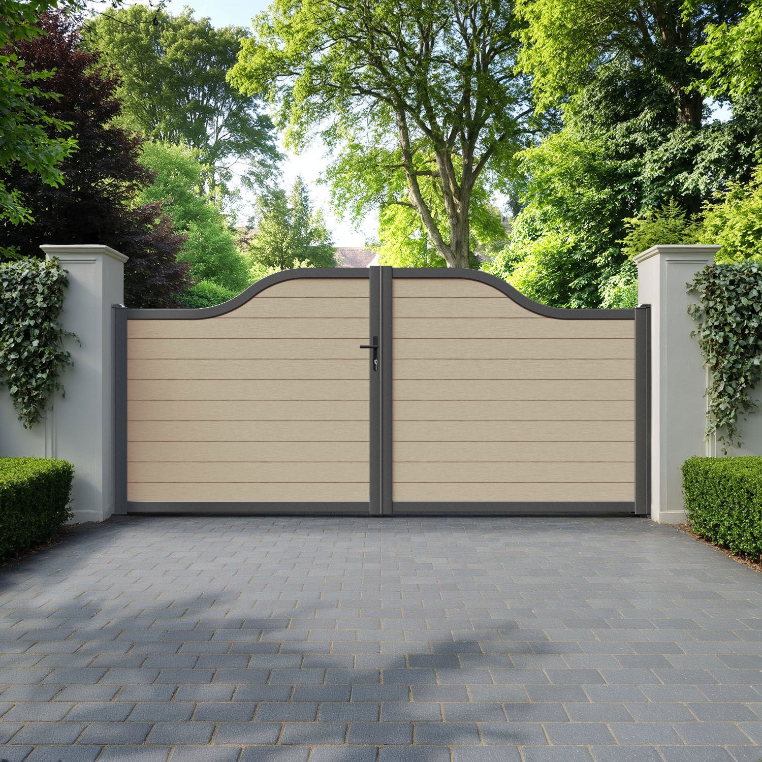 Fusion Light Oak Curved Top Driveway Gate