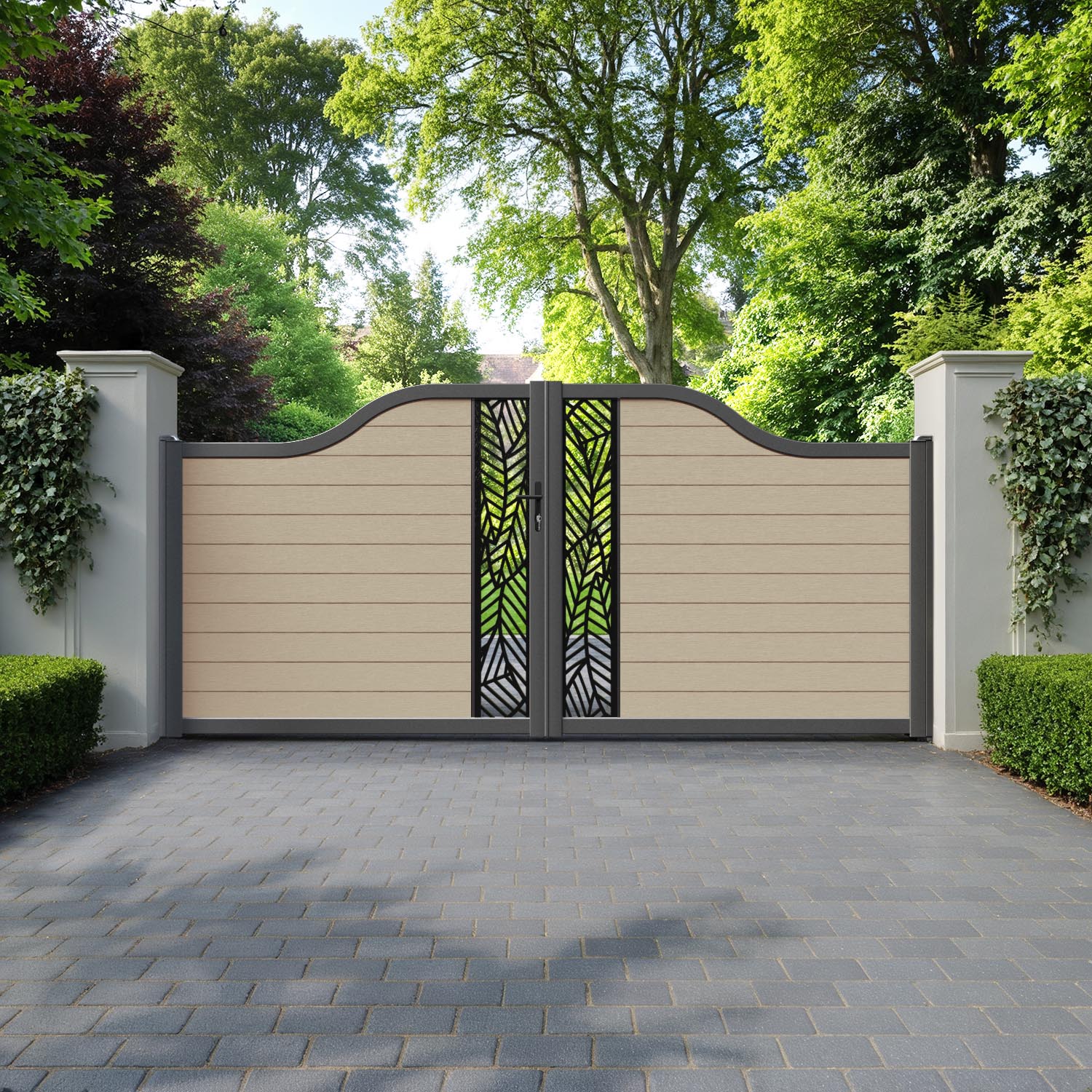 Fusion Habitat Curved Top Driveway Gate - Light Oak - Middle Screen