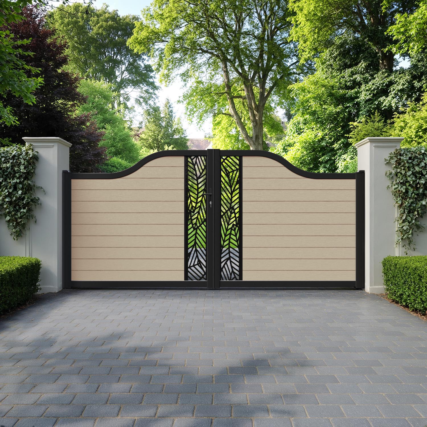 Fusion Habitat Curved Top Driveway Gate - Light Oak - Middle Screen